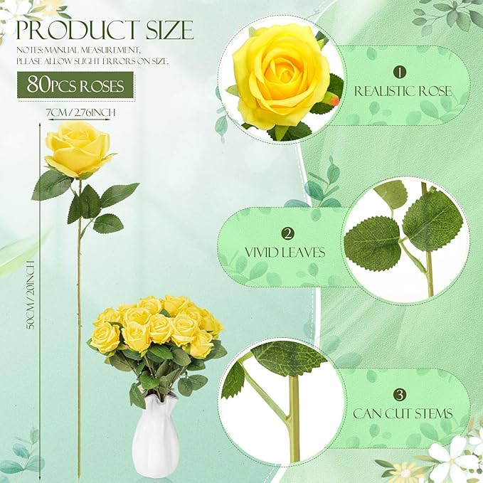 Hotop 80 Pcs Rose Artificial Flowers Bulk with Long Stem, Silk Roses Realistic Fake Flowers Bouquet for Wedding Table Centerpieces Bridal Shower Party Home Decorations(Yellow)