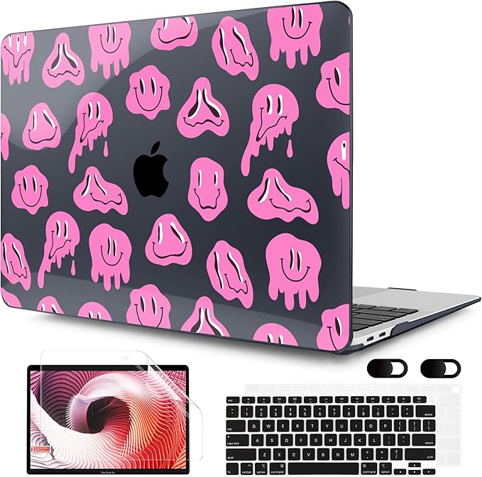 MEEgoodo for MacBook Air 13 inch Case 2021 2020 2019 2018 Released A2337 M1 A2179 A1932 with Touch ID, Plastic Hard Shell & Keyboard Cover Compatible with MacBook Air Case 13.3, Pink Groovy Emoji