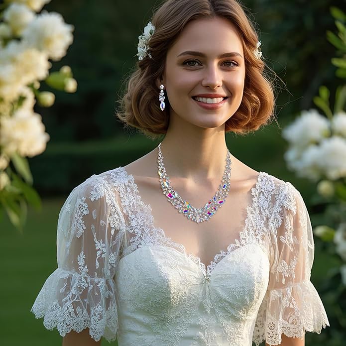 BriLove Women's Wedding Bridal Austrian Crystal Marquise Cluster Collar Necklace Dangle Earrings Set
