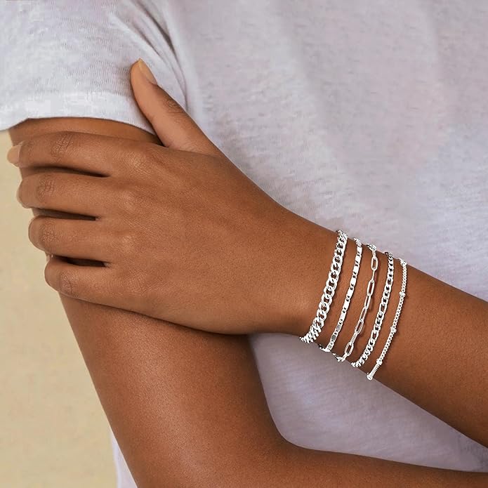 Gold Bracelets Set for Women Non Tarnish Trendy,14K Gold Plated Dainty Stackable Paperclip Cuban Link Chain Bracelets, Simple Cute Cuff Bracelets Jewelry Set Adjustable 7"+2"