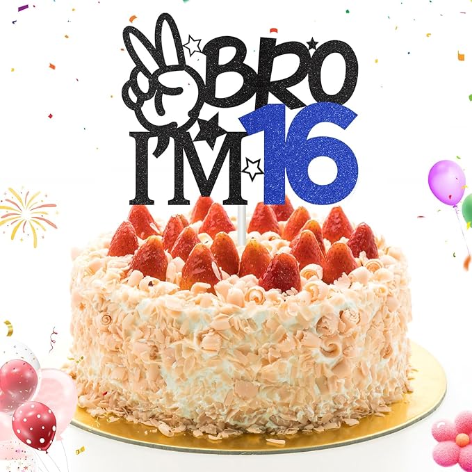 Bro I'm 16 Cake Topper, 16th Birthday Decorations for Boy, Glitter Funny 16th Birthday Cake Topper, Big Brother 16 Year Old Birthday Party Decoration Supplies