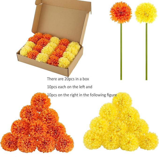 Kimura's Cabin 20Pcs Fake Silk Ball Flowers Artificial Chrysanthemum Faux Mums Bouquets Wedding Arrangements Halloween Thanksgiving Home Kitchens Table DIY Center Decoration (Orange Yellow)