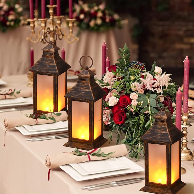 Tondiamo 4 Pcs Vintage Decorative Lantern for Centerpiece Wedding Tall Retro Hanging Lantern LED Pillar Candles Battery Operated Candles Waterproof for Christmas Indoor Party Decoration(Bronze)