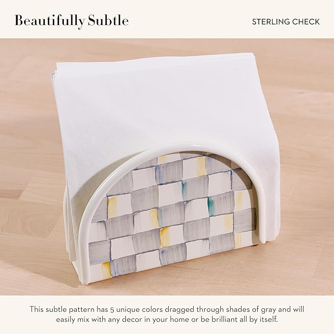 MACKENZIE-CHILDS Enamel Napkin Holder, Kitchen Napkin Holder for Table and Countertop, Gray-and-White Sterling Check