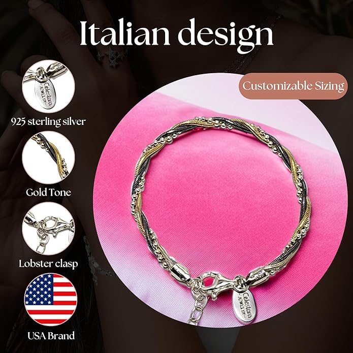 925 Sterling Silver Chain, Italian-Made Jewelry Set with Gold Tone Accent (Luxurious Leather Gift Box Included)