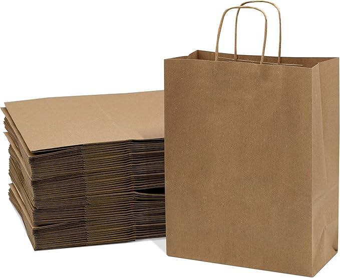 Prime Line Packaging Brown Paper Bags with Handles, Kraft Gift Bags Medium for Small Business, Shopping, Boutiques, Retail Store, Bulk, 10x5x13, 50 Pack