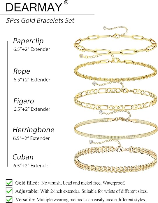 DEARMAY 14K Gold Plated Bracelets for Women, Jewelry Sets Cute Tennis Beaded Bracelets Cuban Link Paperclip Chain Dainty Bracelet Pack Gifts