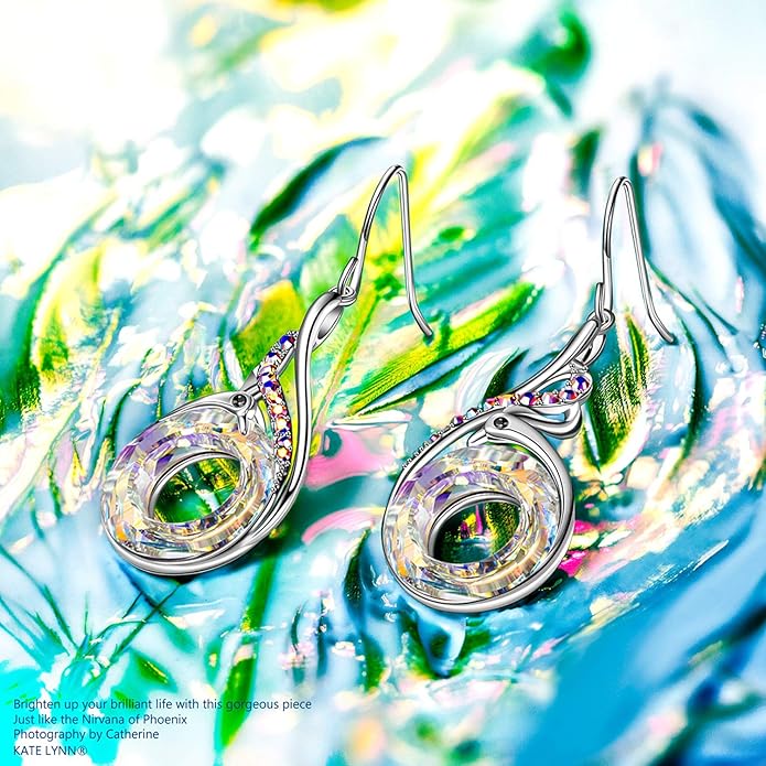 Kate Lynn "Rise From the Ashes" Phoenix Earrings, Sterling Silver Dangle Earrings with Crystals from Austria, Birthday Gift with Jewelry Box, Symbol of Luck and Renewal