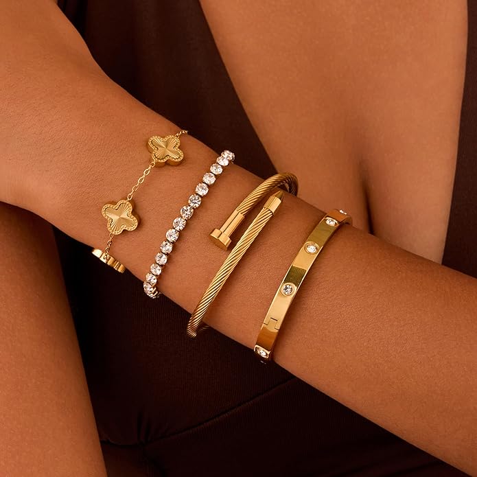 18K Gold Plated Bangle Bracelets Stack for Women,Four Leaf Clover Stackable Bracelets Non Tarnish,4 Pcs Jewelry sets Gifts