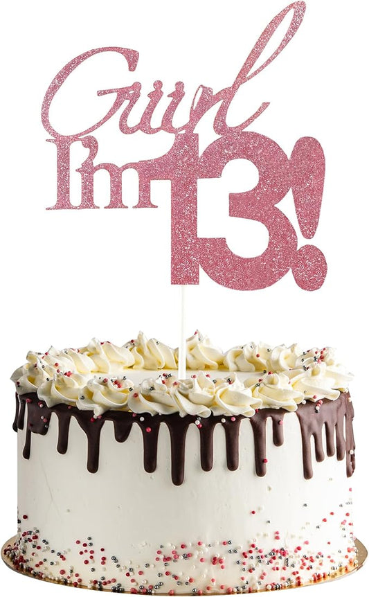 Giiirl I'm 13 Cake Topper - Pink Glitter Sweet 13 Birthday Decorations for Girls, Funny 13th Party Supplies for Teens, Girly I'm 13 Cake Decor (Giiirl I'm 13！, 13th pink)
