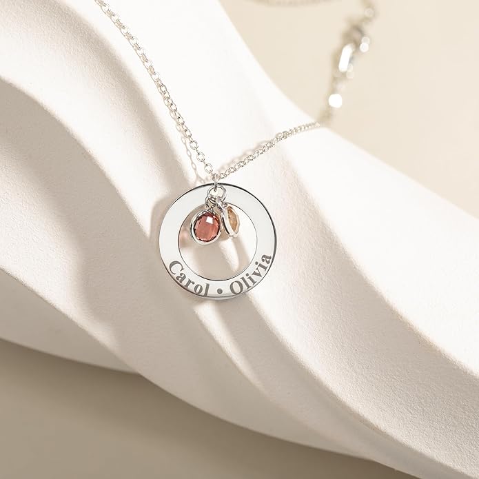 Birthstone Necklace for Mom Jewelry for Women Grandma Necklace Personalized Mothers Day gifs Necklace with 2 Children Kids Names -CIR-BSN