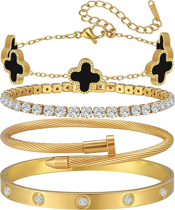 18K Gold Plated Bangle Bracelets Stack for Women,Four Leaf Clover Stackable Bracelets Non Tarnish,4 Pcs Jewelry sets Gifts