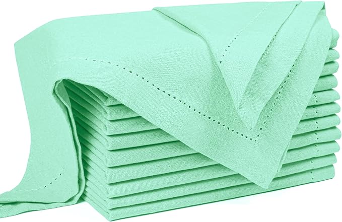 Palisa Cloth Dinner Napkins with Hemstitched Detailing & Mitered Corners Set of 12 (18x18 Inches) Mist Green - Cotton Reusable Dinner Napkins - Perfect for Weddings & Everyday Use
