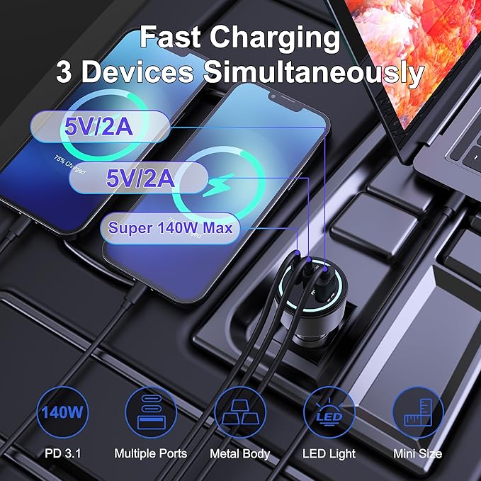 205W USB C Car Charger, 3-Ports PD3.1/PPS/QC3.0 Fast Charging Type C Cigarette Lighter Adapter for MacBook Pro Laptop, iPhone 16/15/14/13/12, Galaxy S24/S23 Ultra etc