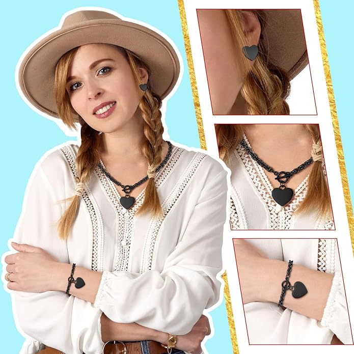 Bucherry 3 Pcs Heart Jewelry Set Bow Snowflake Jewelry Heart Pendant Chain Toggle Necklace with Bracelet Earrings Snowflake Stainless Steel Link Chain for Women Gift
