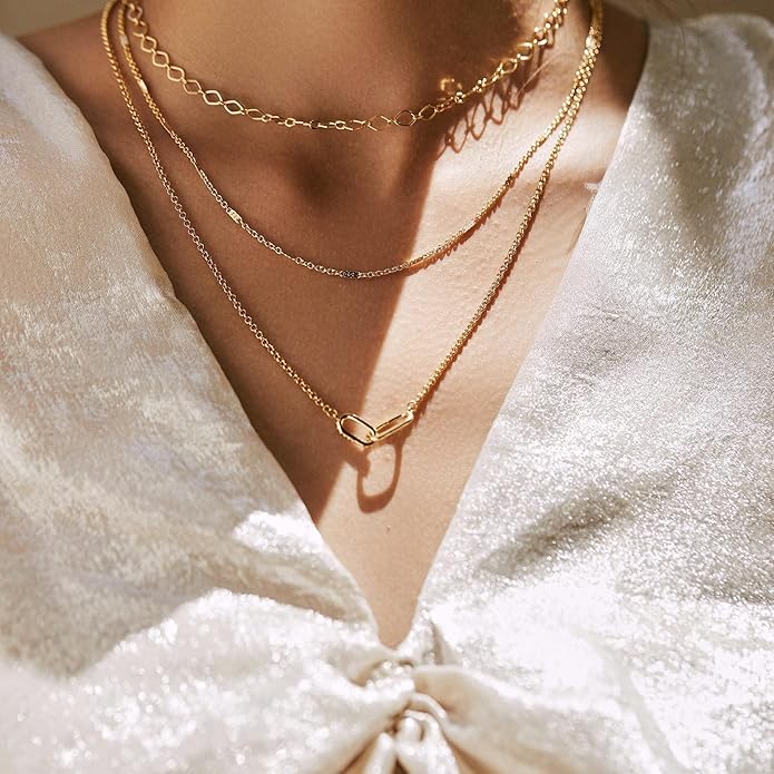 Evabelle Gold Layered Necklace for Women Trendy Jewelry 14K Real Gold Plated Chunky Chain Stackable Necklaces Dainty Choker Necklaces Rectangle Square Pendant