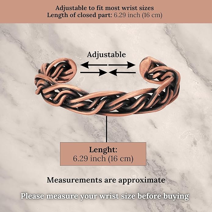 Handmade Elegant Copper Bracelet for Women and Men-Pure Copper Bracelet for Pain Relief and Stress Relief-Adjustable, Thickest, Twisted Copper Wire Bracelet to Fit many Size Wrist(folded)