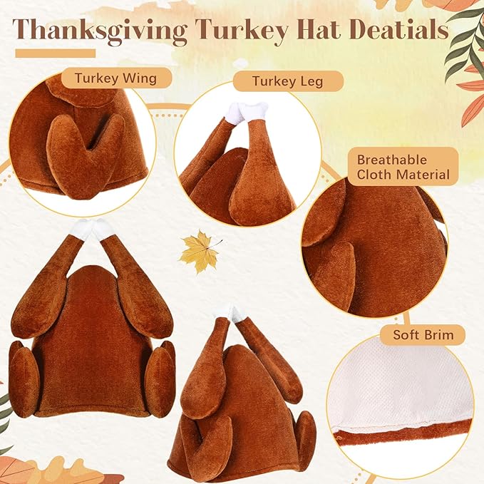 Hanaive 10 Pieces Thanksgiving Turkey Hats Bulk for Adults Turkey Costume for Dress-up Party Plush Turkey Hat Party Supplies