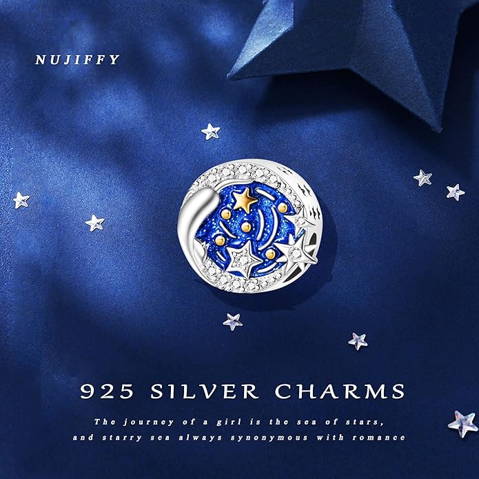 925 Sterling Silver Charms Bead for Bracelets Necklaces, Star Moon Crescent Sun Solar Pendent, Blue Ocean Starfish Shells Turtle Crab Starry Sea Cute Jewelry Birthday Gifts for Women Men