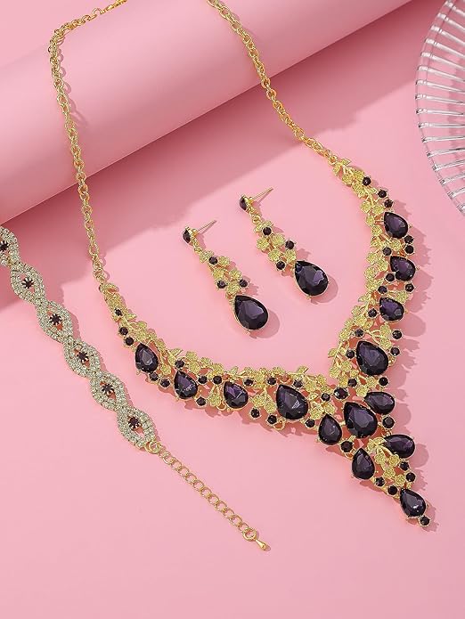 Wedding Bridal Bridesmaid Austrian Crystal Rhinestone Jewelry Sets Statement Choker Necklace Earrings Bracelets Sets for Wedding Party Prom