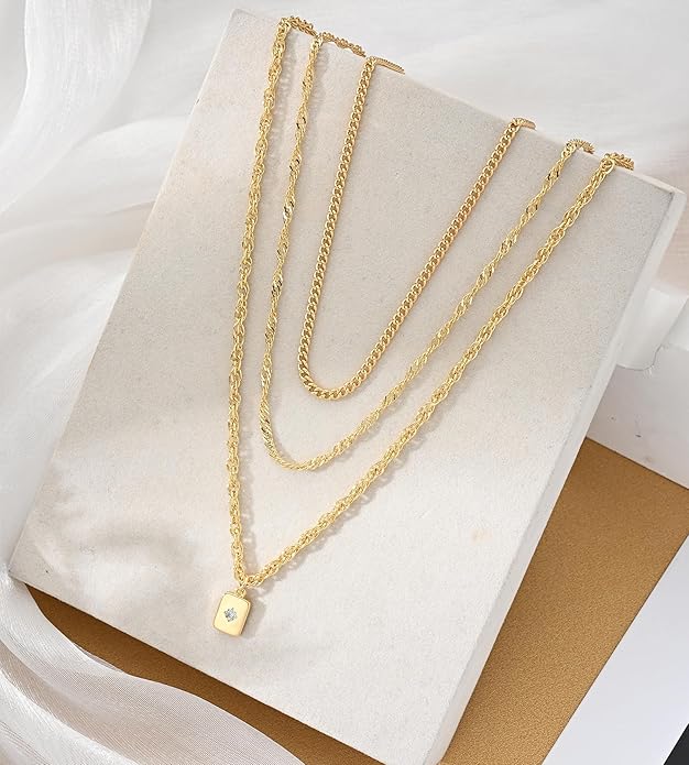 YEEZII Layered Gold Necklaces for Women Trendy, 3 Pcs 14K Gold Plated Choker Paperclip Box Chain Necklace, Stackable Women's Gold Pendant Necklaces Jewelry Set