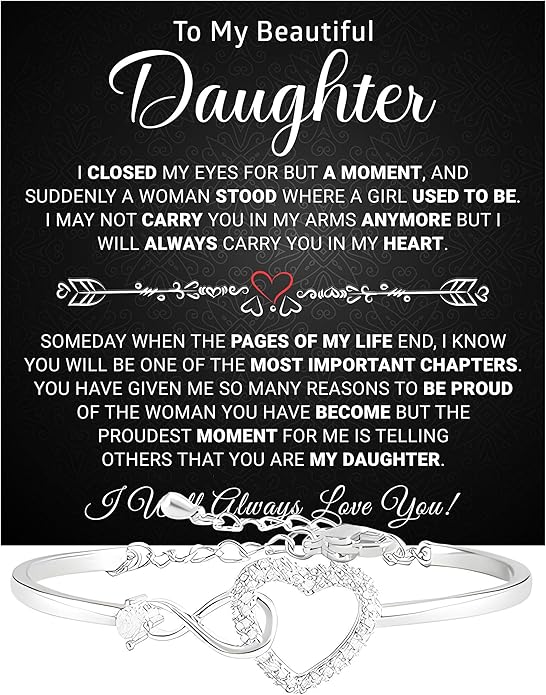 Daughter Infinity Heart Bracelet, Daughter Jewelry Gift From Mom or Dad with Message Card and Box Meaning