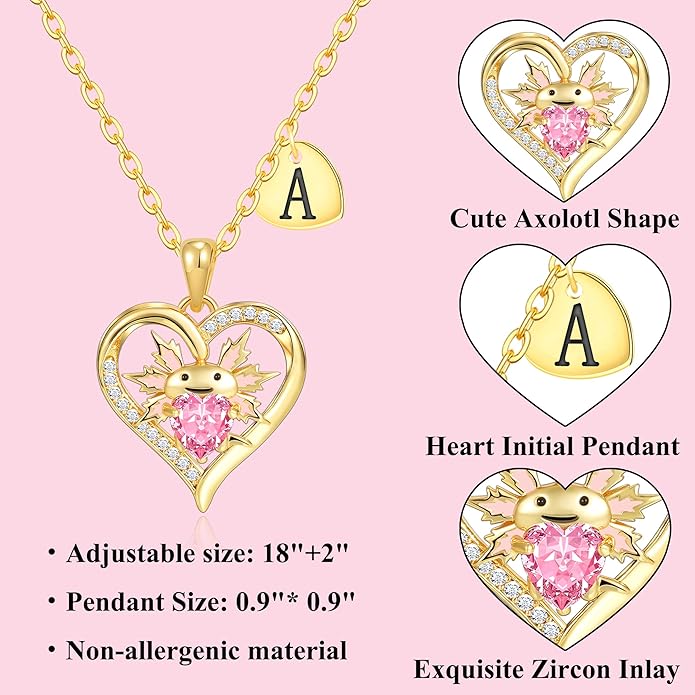 Macate Valentines Day Gifts for Her, 14K Gold Plated Heart Initial Pendant Axolotl Necklace Gold/silver Necklace Valentines Day Birthday Gifts for Women Teen
