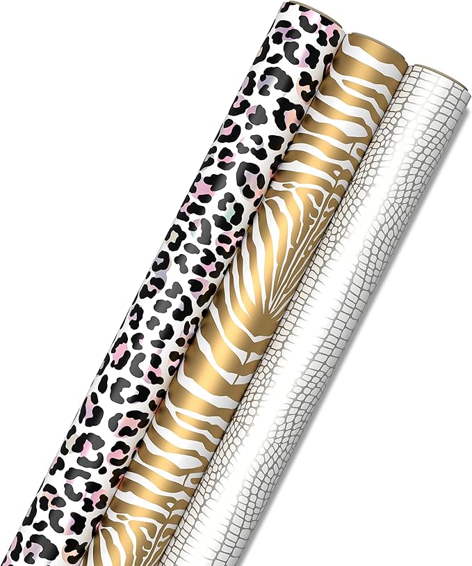 Hallmark Animal Print Wrapping Paper with Cut Lines on Reverse (3-Pack: 85 sq. ft. ttl) for Birthdays, Christmas, Graduations, Valentine's Day, Mother's Day