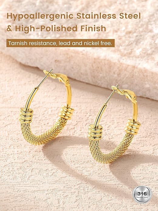KeyStyle Mesh Hoop Earrings for Women, Stainless Steel Gold Hoops Earring Lightweight Loops, 2MM Thick Hypoallergenic Circle Endless Hollow Hoop 20mm-80mm