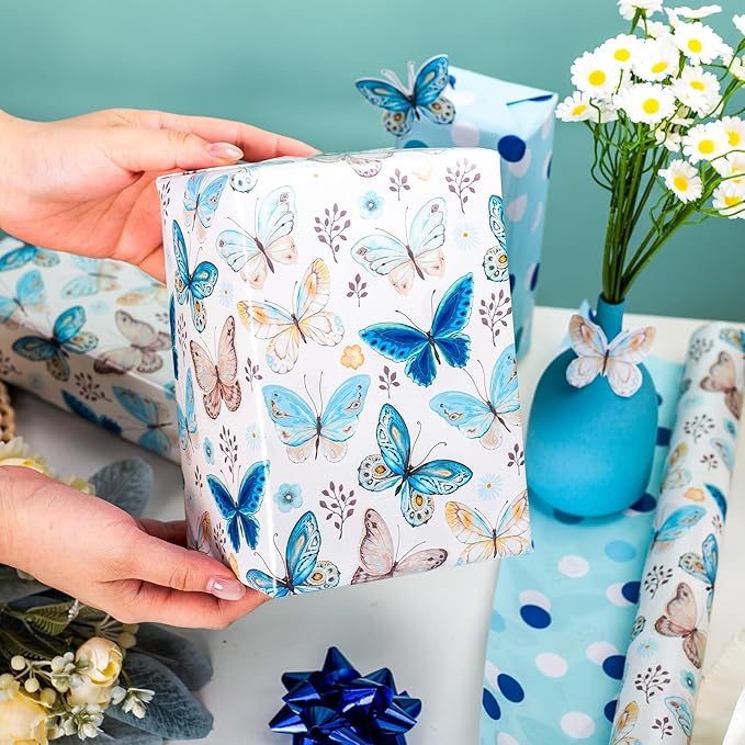 MAYPLUSS Butterfly Wrapping Paper, Vintage Watercolor Butterfly Fairy Gift Wrapping Paper for Women Girls Pearl Birthday Wrap in Blues Reversible Polka Dot for Baby Shower, Wedding (17Inch X 33Feet)