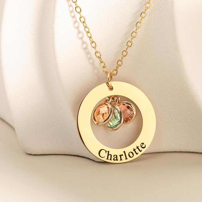 Birthstone Necklace for Mom Jewelry for Women Grandma Necklace Personalized Mothers Day gifs Necklace with 2 Children Kids Names -CIR-BSN