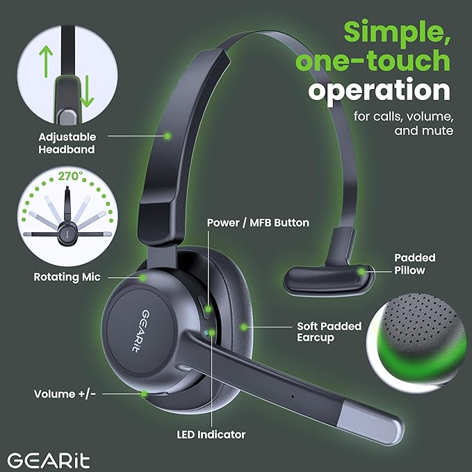 GEARit Wireless Bluetooth Headset with Mic - Multipoint Dual Connect, Noise Cancelling Trucker Headset for Phone Calls - All-Day Talk Time - Headphone with Microphone & Mute Button for Office Work