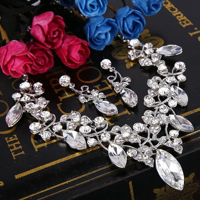 BriLove Women's Costume Fashion Crystal Floral Vine Leaf Statement Necklace Dangle Earrings Set