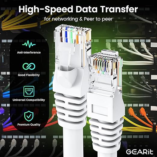 GEARit Cat 6 Ethernet Cable (24-Pack 1 Foot) Cat6 Network Patch, 10Gbps, RJ45, Snagless Cord, Gold-Plated Connectors, Internet for PC, TV, Tablet, Router, Printer, Servers, IT Data Center - White