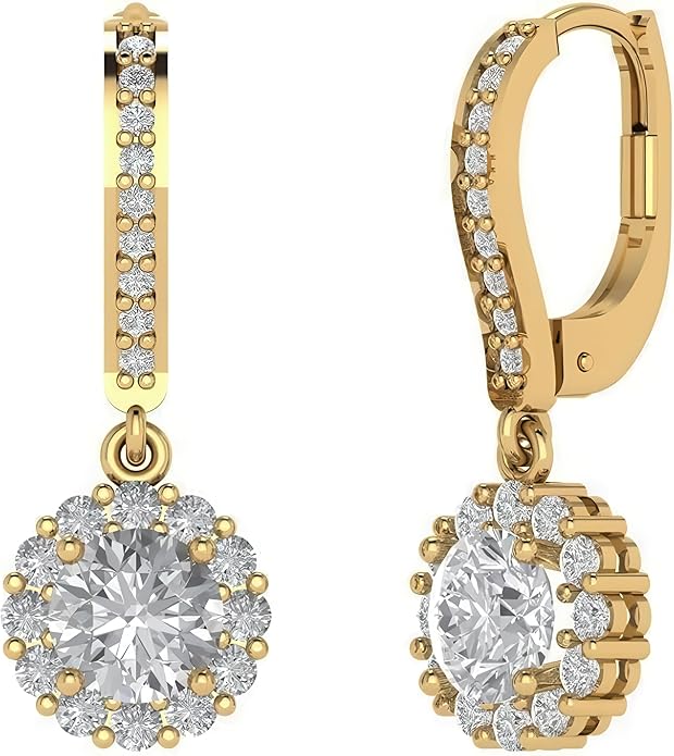 14K White Gold Moissanite Earrings Men & Women, Solid Gold Simulated Diamond and Lab Diamonds Studs for Men & Women, 1ct - 2ct Round, Princess, Heart, Halo Cut, Dangle, Lever or Screw Back Earrings, VVS1, D Color, Pink or Blue - Luxury Gift Box
