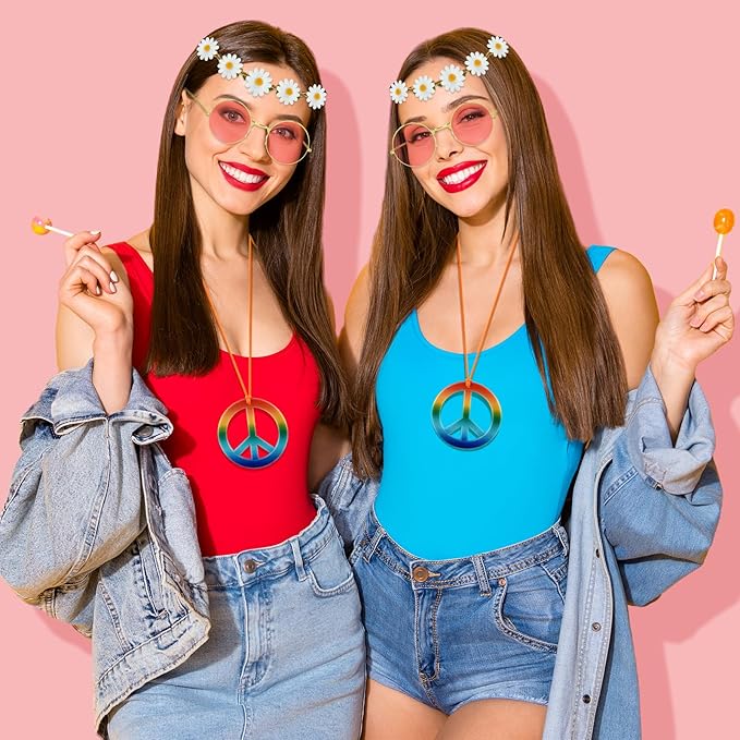 NEBURORA Hippie Costume Accessories Set 60s 70s Daisy Headband Peace Sign Necklaces Hippie Sunglasses for Carnival Party