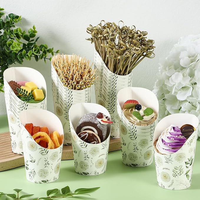 Tioncy 250 Pcs Charcuterie Cups with Cocktail Picks Sets, Bridal Shower Decoration 50 Charcuterie Cups with 200 Sticks for Wedding Baby Shower Floral Boho Party Decorations (White Green,Floral)