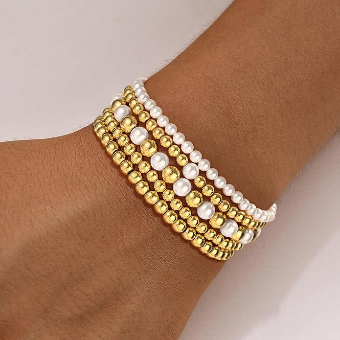 Gold Bead Bracelets for Women Girls - 14K Gold Plated Dainty Round Bead Ball Pearl Cross Bracelet Stack for Women Teenage Girls Stackable Jewelry Christmas Gifts