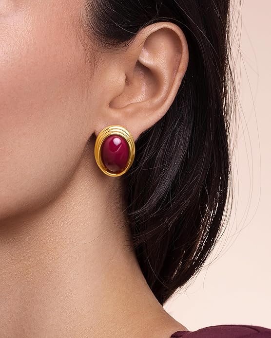 SNGIA18K Gold Plated Burgundy Maroon Red Carnelian Round Oval Ribbed Button Chunky Statement Earrings for Women by SNGIA, Bold Handmade Exaggerated Dome Retro Rounded Button Trendy Bohemian Gemstone Stud Jewelry Gifts, Unique Vintage Baroque Stone Summ...