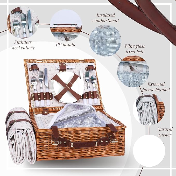 Picnic Baskets Wicker Willow Picnic Set for 4 Persons with Insulated Cooler Bag and Waterproof Picnic Blanket