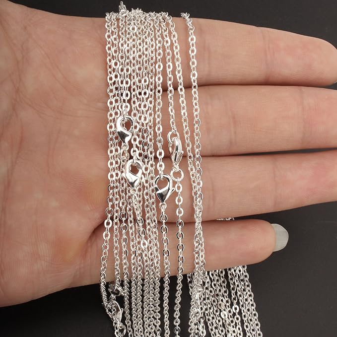 Wholesale 12 PCS Silver Plated Solid Brass Fine Flat Cable Chains Bulk for Jewelry Making 18-30 inches (24 Inch(2MM))