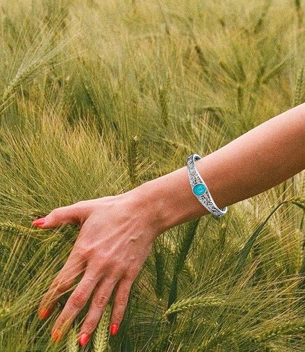 Genuine Turquoise Cuff Bracelet for Women, Sterling Silver Western Vintage Floral Bangle Native American Jewelry, For 6.5-7.5 Inch Wrists