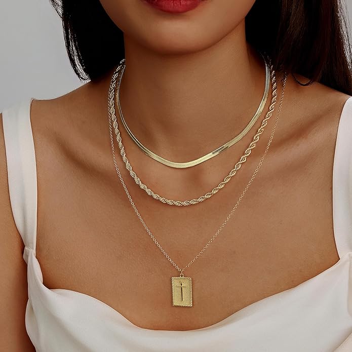 Evabelle Gold Layered Necklace for Women Trendy Jewelry 14K Real Gold Plated Chunky Chain Stackable Necklaces Dainty Choker Necklaces Rectangle Square Pendant