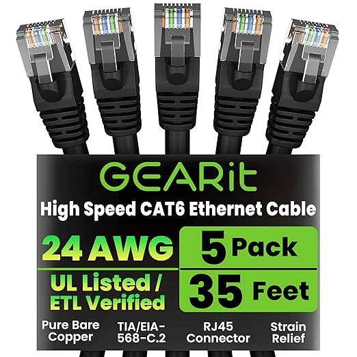 GearIT Cat 6 Ethernet Cable Pack - 5-Pack 35 ft Cat6 Ethernet Patch Cables | RJ45 Network Patch Cable, 10 Gbps Snagless Gold-Plated Connectors - Ethernet Cable Cat 6 for PC, TV, Router - Black