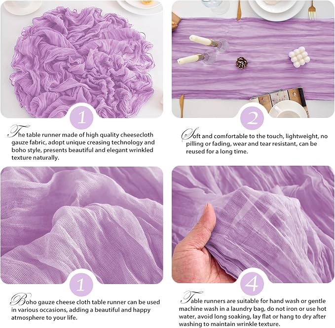 10 Pack Lavender Table Runner 120 Inch Cheesecloth Table Runner 10FT Boho Gauze Table Runner Long Cheese Cloth Table Runner Semi Sheer Runners for Wedding Bridal Baby Shower Party