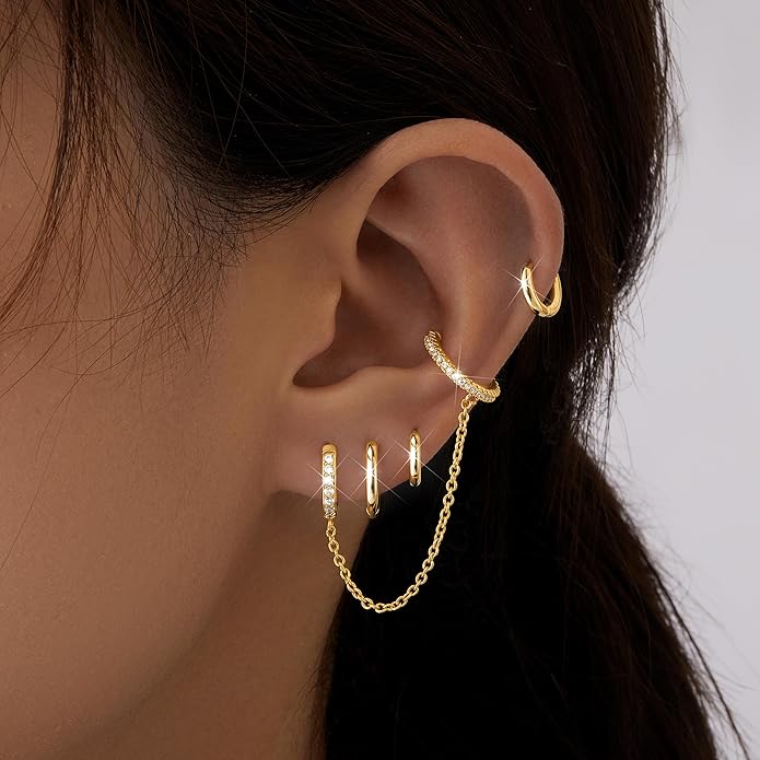 Small Gold Huggie Hoop Earrings Set for Women Men Hypoallergenic 14K Plated Stack Cartilage Earrings, Multiple Piercing Lightweight Mini Thin Cute Dainty Trendy Jewelry Set Christmas Gifts for Women