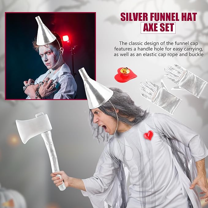 4 Pcs Silver Axe Funnel Hat Set with Heart Brooch Silvery Gloves Metallic Wizard Costume Accessories for Halloween Cosplay Party
