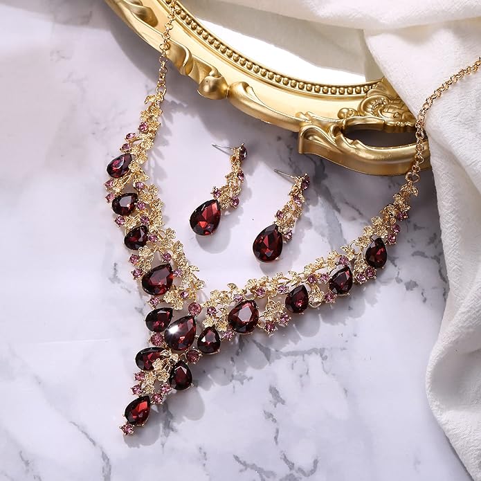 BriLove Women's Wedding Bridal Austrian Crystal Teardrop Flower Cluster Statement Necklace Dangle Earrings Jewelry Set for Party Prom