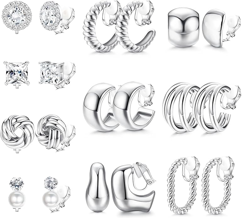 FIBO STEEL 10 Pairs Clip On Earrings for Women Non Pierced Ears CZ Pearl Knot Twist Chunky Hoop and Studs Earring Set Ear Clips Jewelry 14K Gold Plated