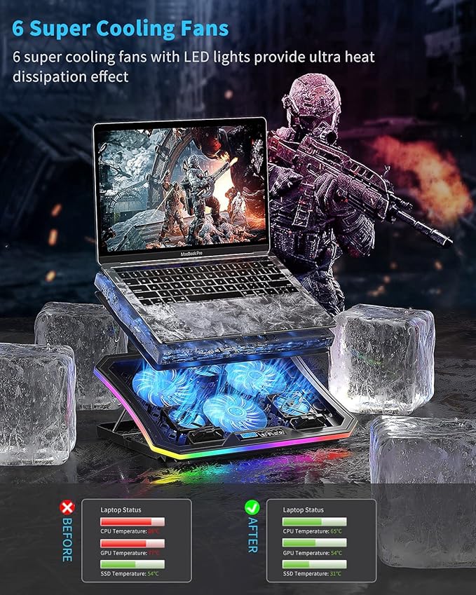 KeiBn Upgarde Laptop Cooling Pad, RGB Lights Laptop Cooler 6 Fans for 15.6-17.3 Inch Laptops, 7 Height Stands, 10 Modes Light, 2 USB Ports, Desk or Lap Use (A8,Blue)